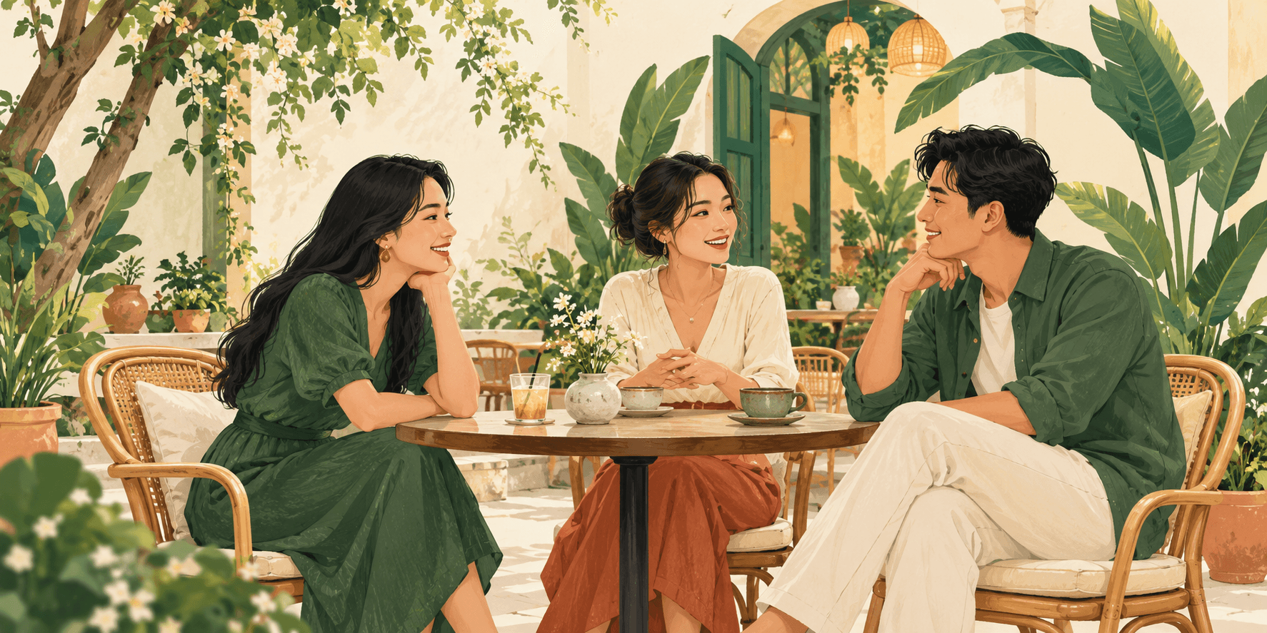 Illustration of adults talking comfortably in a leafy Vietnamese café courtyard.